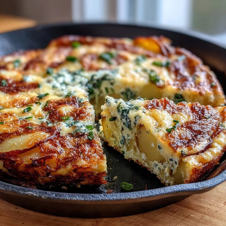 Rich and savory frittata with layers of creamy potatoes, vibrant spring onions, and gooey cheddar, baked to golden perfection for easy entertaining.