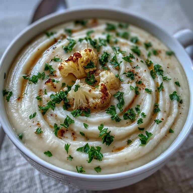 Velvety Cauliflower and Onion Soup served with crusty bread, highlighting tender florets and sweet caramelized onions in every spoonful.  