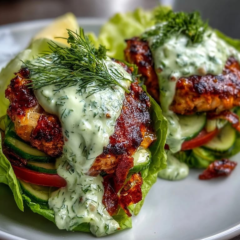 Juicy turkey burgers nestled in crisp butter lettuce leaves and drizzled with creamy avocado ranch dressing, served with sliced tomatoes and red onions for a fresh, low-carb meal.