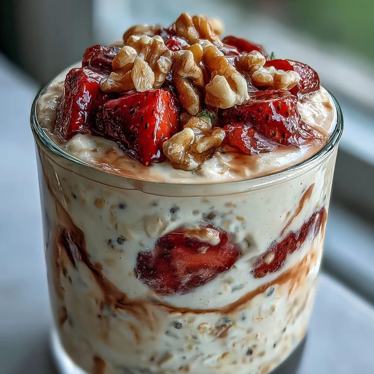 Creamy strawberry banana bread-inspired overnight oats with Greek yogurt and chia seeds, garnished with walnuts and fresh fruit for a delicious start.