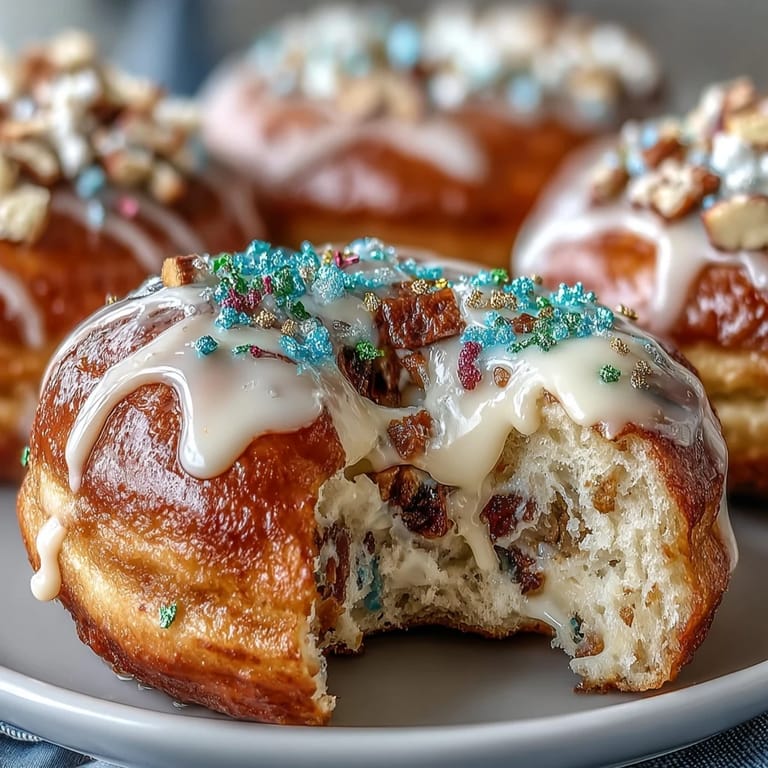 Delicious King Cake donuts with lemon zest, cinnamon, and nutmeg, finished with vanilla glaze and festive Mardi Gras sanding sugar.