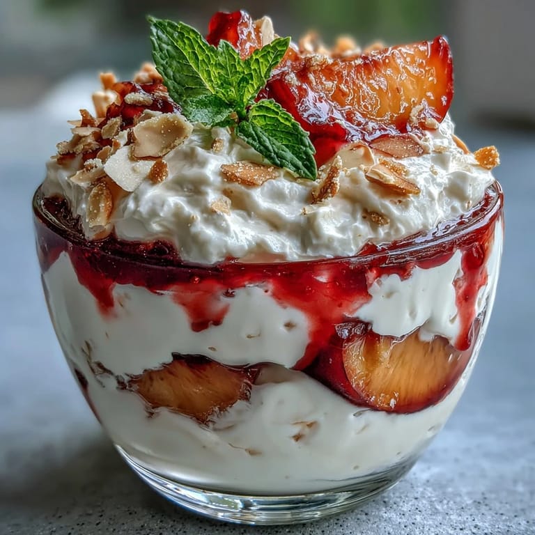 Creamy Greek yogurt, sweet peaches, tangy raspberry sauce, and toasted almonds create a refreshing dessert perfect for summer gatherings.
