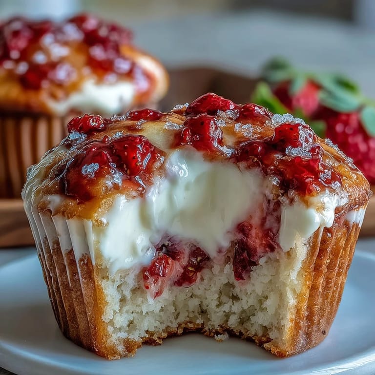 Golden muffins bursting with juicy strawberries and rich cream cheese swirls, ideal for breakfast or snack time.  