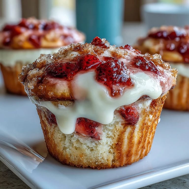 Homemade strawberry muffins with tangy cream cheese center, baked to golden perfection and topped with coarse sugar.