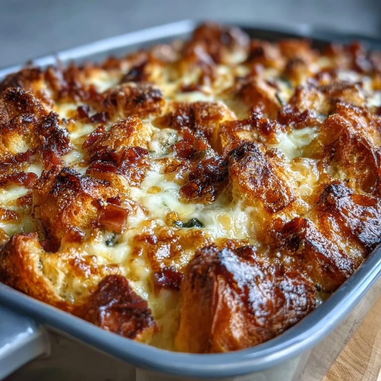 Warm, custardy Ham and Cheese Croissant Bake Casserole with layers of buttery croissants, smoky ham, and rich cheese, topped with fresh chives.  