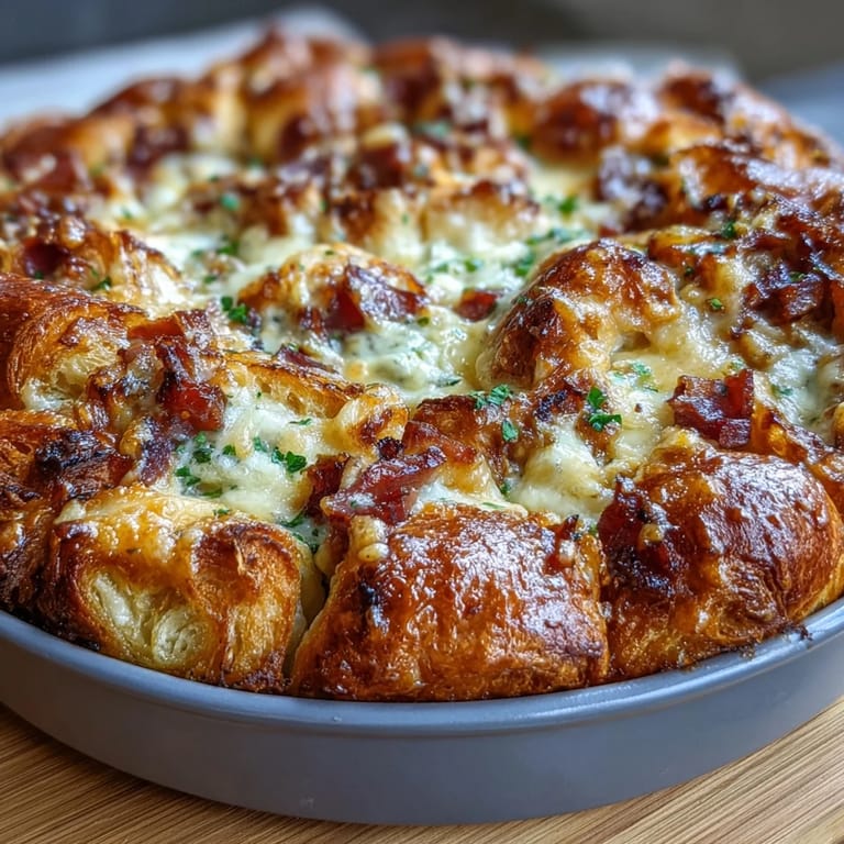 Hearty Ham and Cheese Croissant Bake Casserole featuring torn croissants, diced ham, and a creamy egg custard, baked until golden and bubbling.