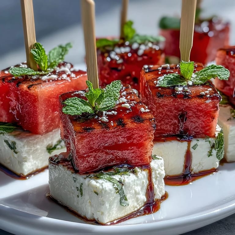Fresh watermelon cubes and creamy feta cheese threaded on skewers with mint leaves, drizzled with olive oil.  