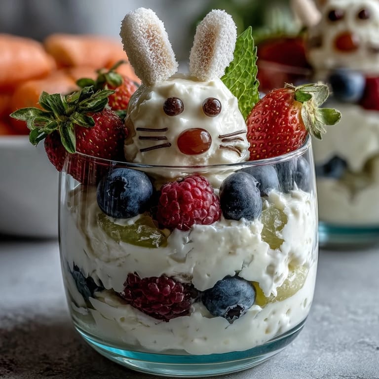 Fun bunny-themed fruit cups with marshmallow cheeks, candy eyes, and paper ears—ideal for kids' Easter celebrations.