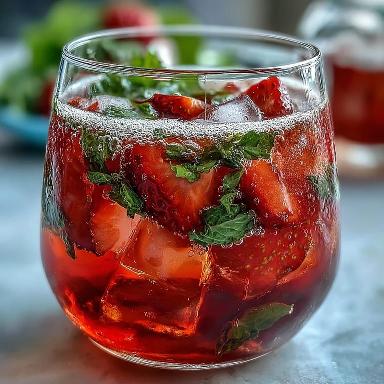 Refreshing strawberry mint mocktail bursting with juicy berries, citrus slices, and cooling mint, served over ice in a clear pitcher.