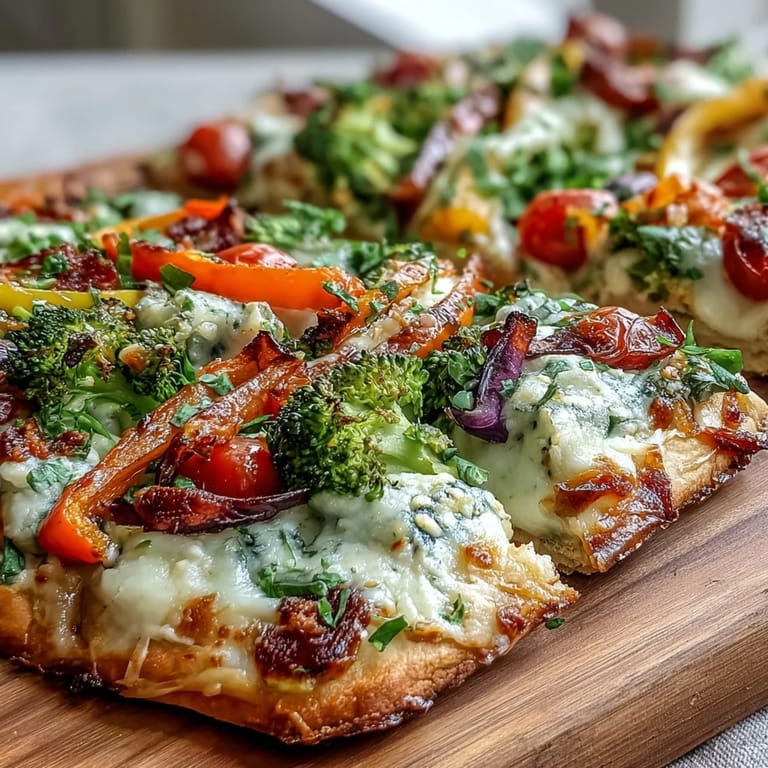 Vibrant St. Patricks Day flatbread pizza featuring a rainbow of fresh vegetables and melted mozzarella.
