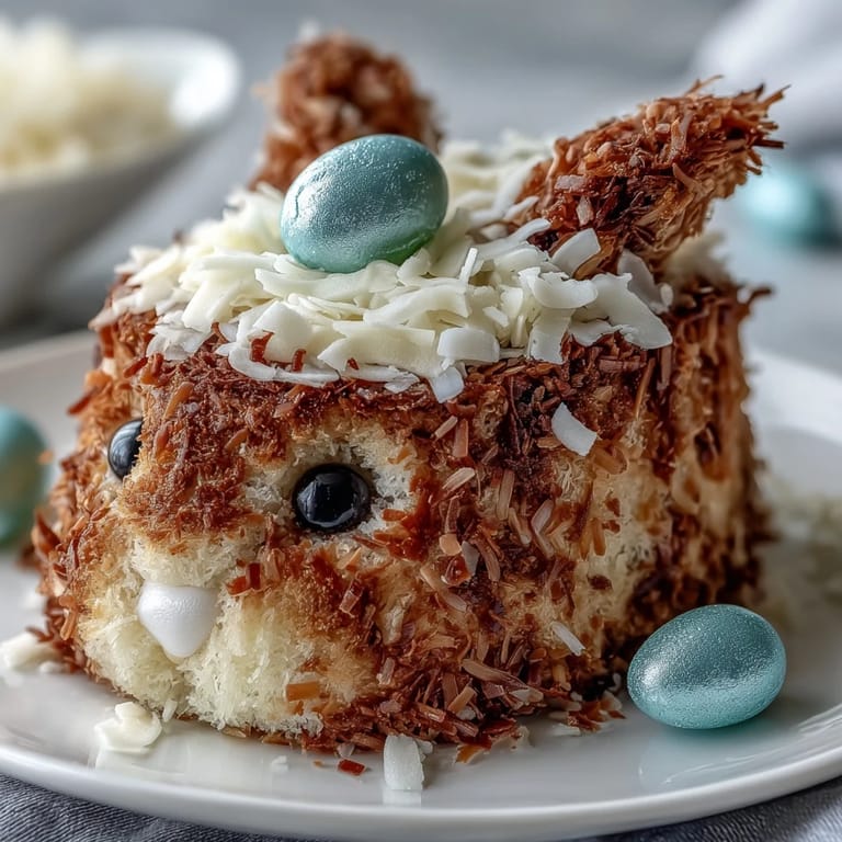 Whimsical bunny-shaped cake covered in shredded coconut fur and topped with a colorful jelly bean tail for Easter fun.