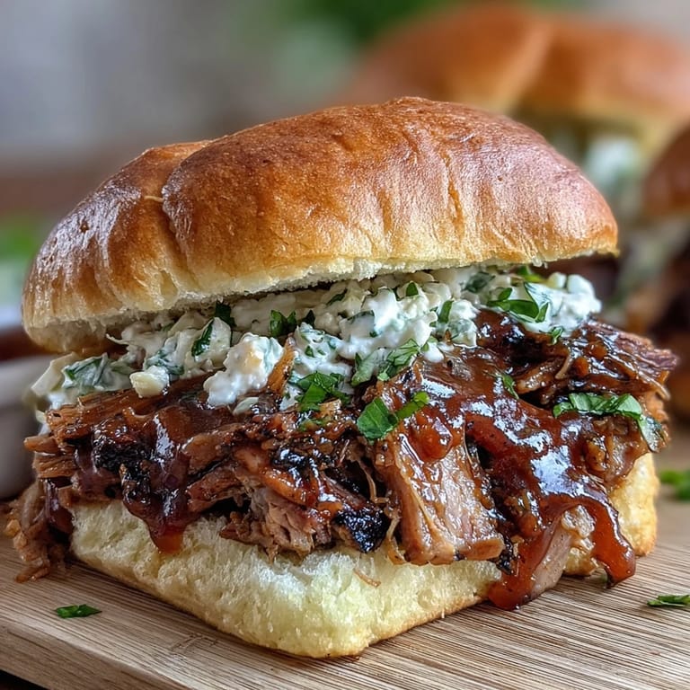 Smoky BBQ pulled pork piled high on slider buns with creamy coleslaw topping.