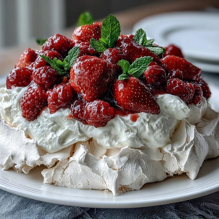 Gorgeous strawberry pavlova dessert showcasing a golden-brown meringue shell with whipped cream and ripe strawberries.  