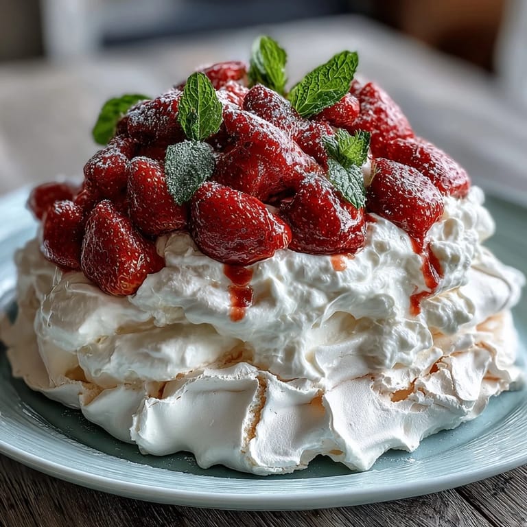 Elegant strawberry pavlova with billowy whipped cream, sweet berries, and a perfectly crisp, chewy meringue base.