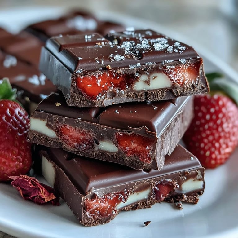 Layered dark and white chocolate bark with fresh strawberries and chopped pistachios, inspired by viral Dubai dessert trends.