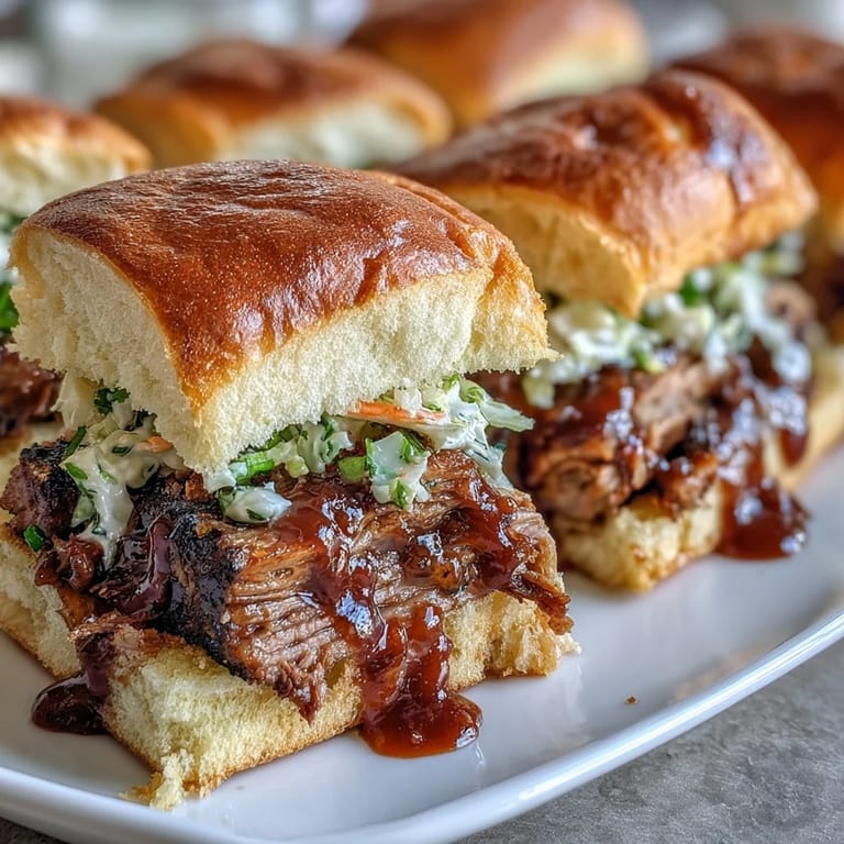 Tender beef brisket, slow-roasted and piled high on slider buns, topped with creamy coleslaw and rich BBQ sauce.