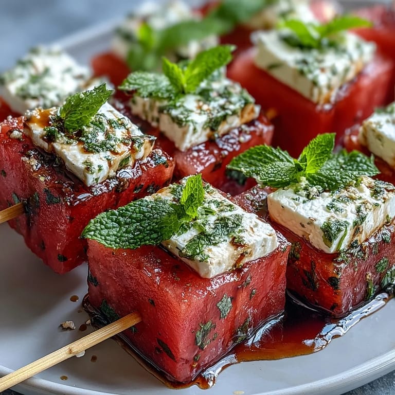 Colorful watermelon feta mint skewers arranged on a platter, offering a refreshing and healthy vegetarian appetizer.