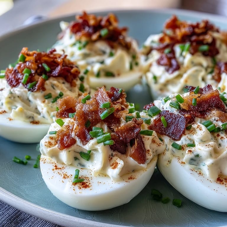 Deviled eggs filled with bacon and ranch dressing, topped with crumbled bacon and chives for a festive, flavorful brunch dish.