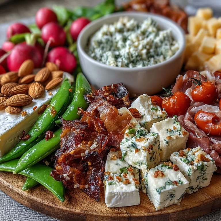 Colorful charcuterie board featuring radishes, peas, and herb dip, ideal for light spring appetizers or garden parties.