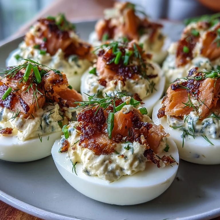 Elegant smoked salmon deviled eggs, garnished with everything seasoning and fresh dill for a gourmet appetizer.