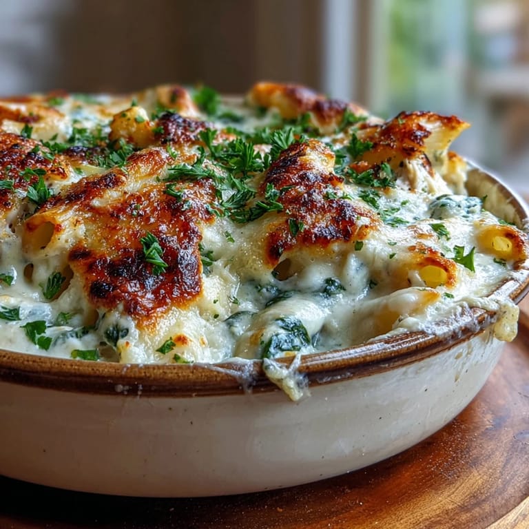 Serving spoon lifting a cheesy portion of Greek Yogurt Chicken Alfredo Bake, revealing a creamy spinach and garlic sauce inside.