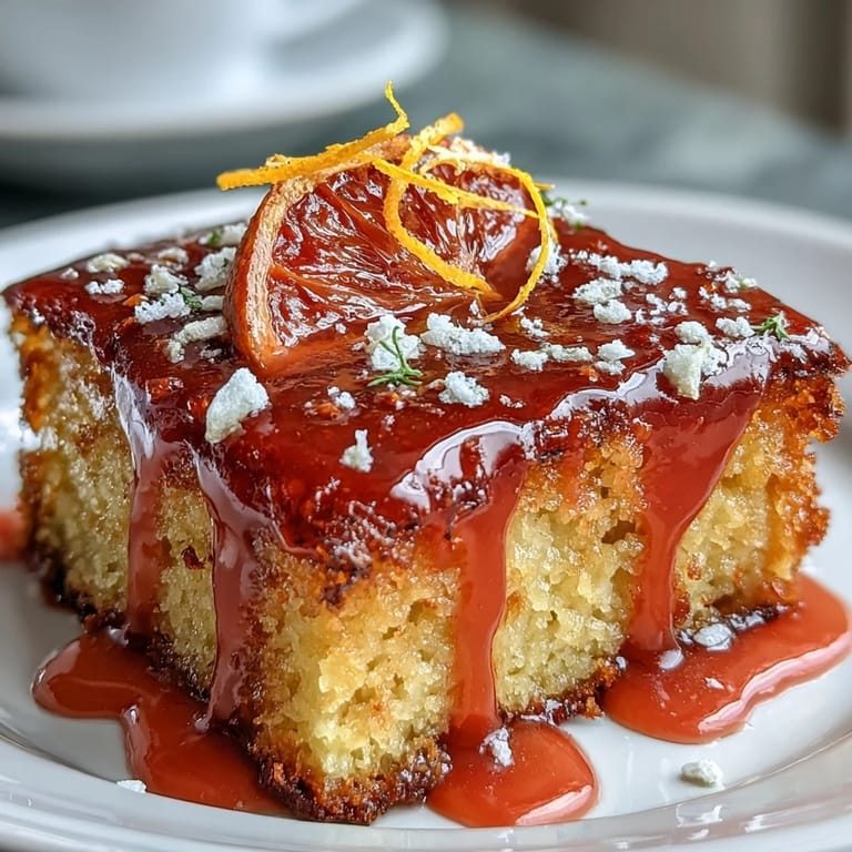 Moist blood orange polenta cake infused with fresh citrus, decorated with blood orange slices and a sweet pink glaze.