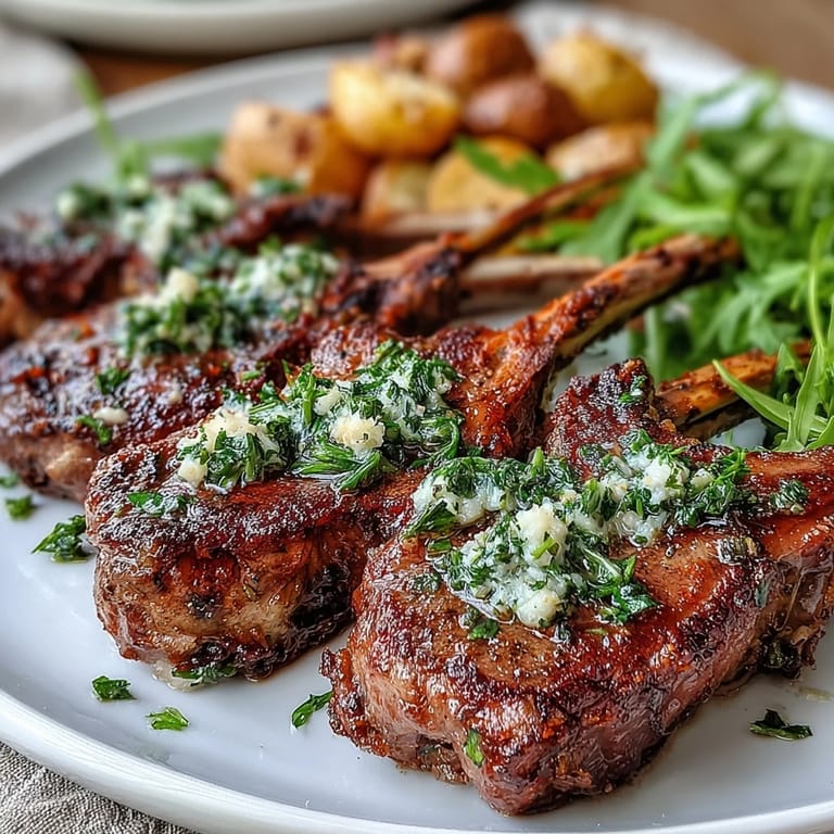 Classic lamb chops with gremolata, showcasing seared meat and a fresh herb-lemon topping.
