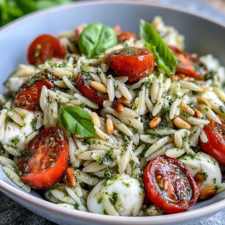Vibrant cold orzo pasta salad tossed with pesto, juicy cherry tomatoes, and creamy mozzarella balls.