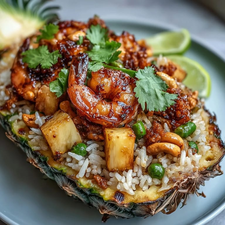 Vibrant Thai pineapple fried rice with juicy fruit, tender shrimp, and colorful vegetables in a pineapple bowl.