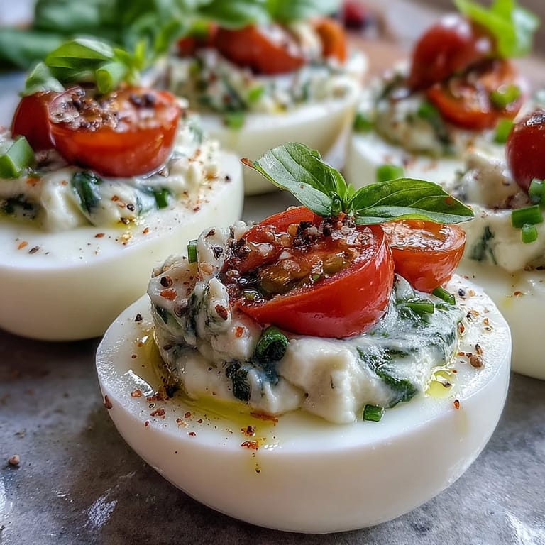 Sumptuous Caprese Deviled Eggs, a colorful Italian starter with basil oil drizzle.