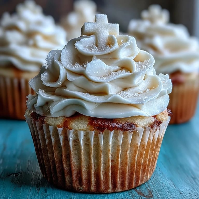 Elegant communion cupcakes showcasing soft vanilla cake and a pristine fondant cross topper.