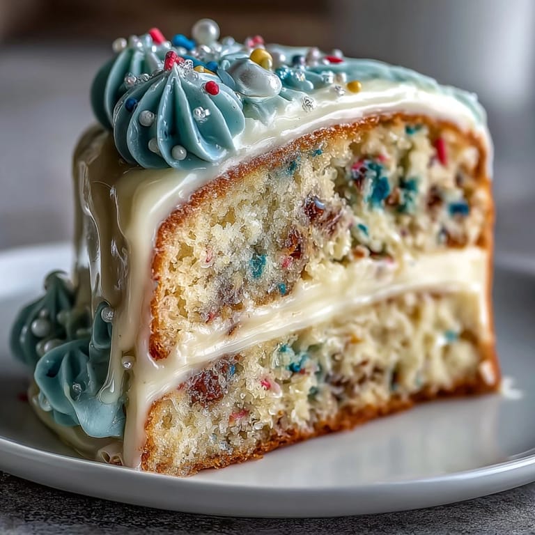 Glistening Class of 2026 Confetti Cake with fluffy champagne frosting, ready for a party.