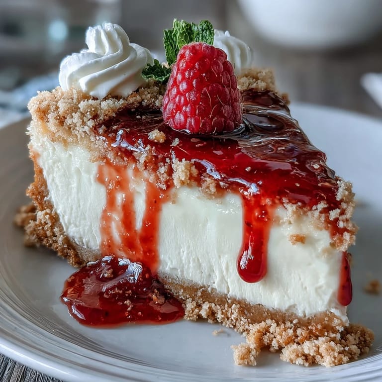 Decadent Mother's Day no-bake cheesecake with a rich, luscious raspberry sauce drizzle.