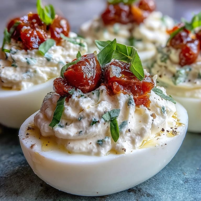 Garnished Caprese Deviled Eggs featuring basil oil and fresh mozzarella garnish.