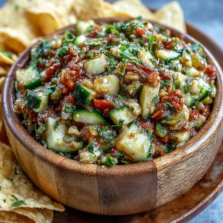 Close-up of zesty pickle de gallo salsa featuring diced pickles and ripe tomatoes.