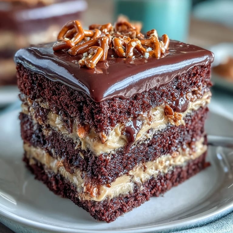 Rich Father's Day Chocolate Peanut Butter Pretzel Cake showing creamy filling and pretzel crunch.