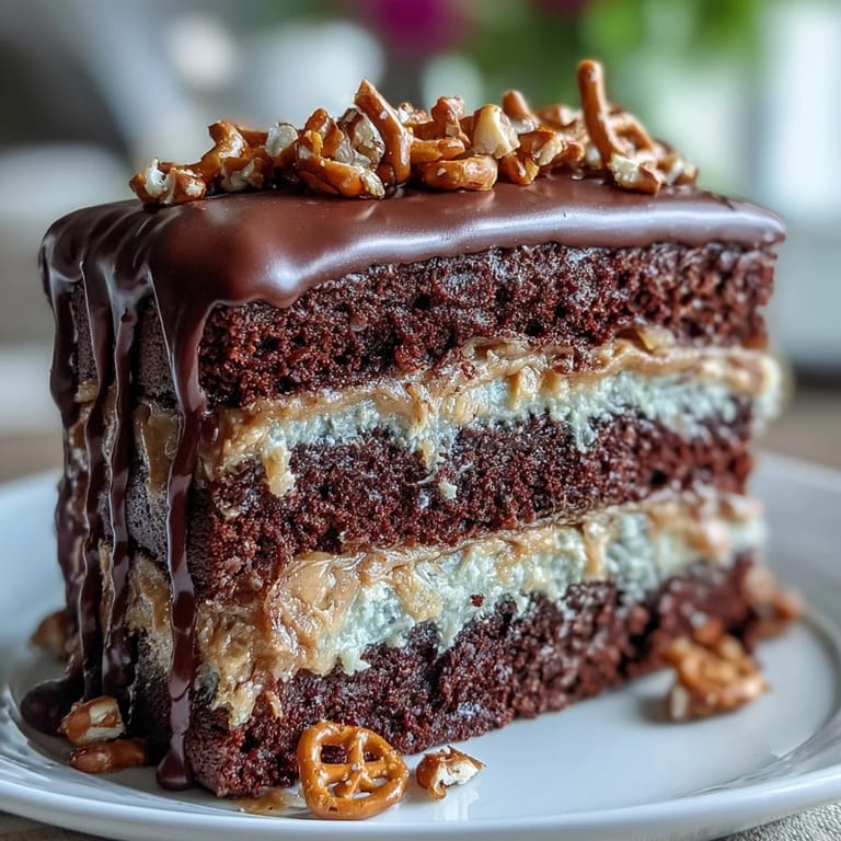 Decadent Father's Day Chocolate Peanut Butter Pretzel Cake, perfect drizzled with ganache.