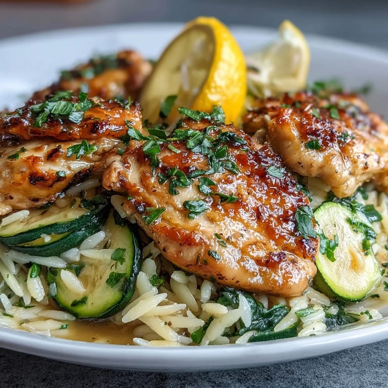 Easy one-pan lemon chicken and zucchini orzo, perfect for a weeknight meal.