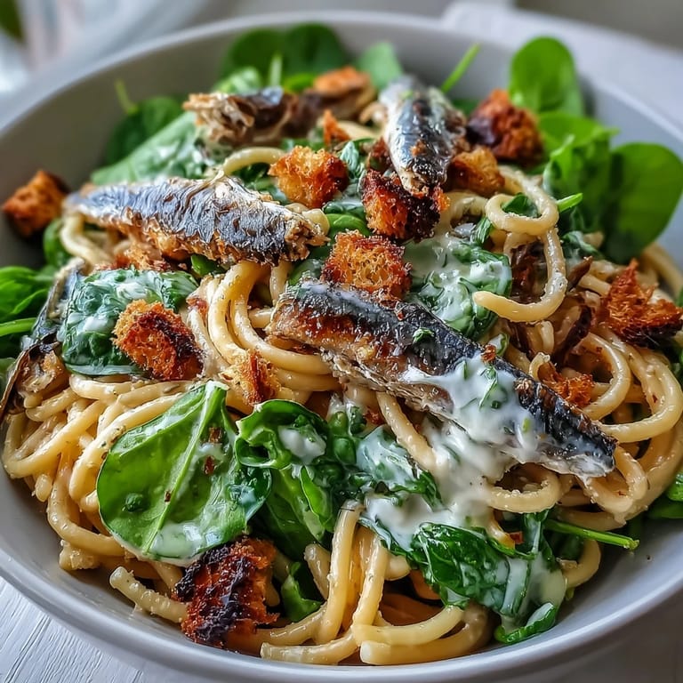 A refreshing Sardine Caesar Pasta Salad, perfect for a light lunch or easy dinner.
