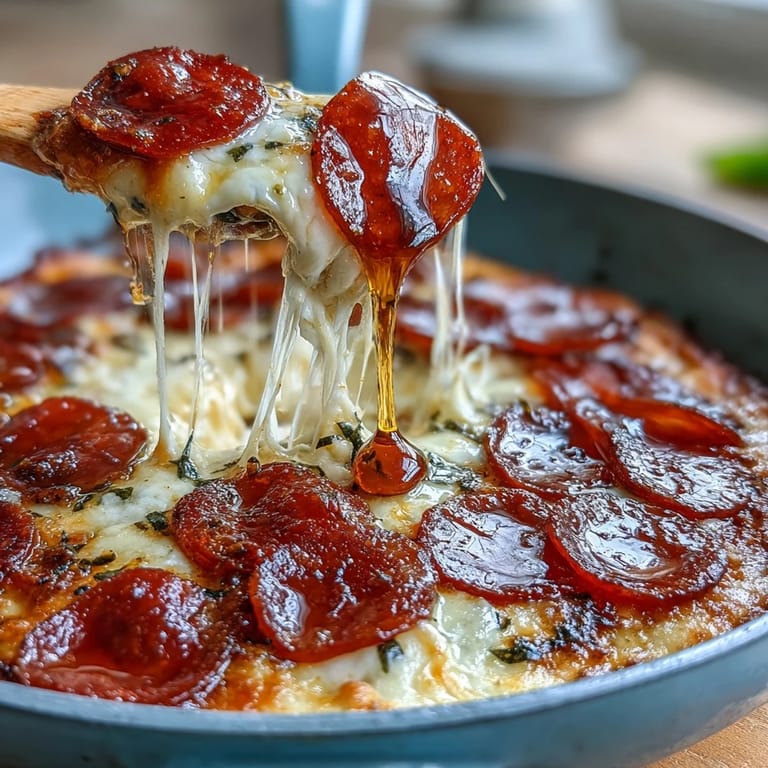 Close-up of baked Hot Honey Pepperoni Pizza Dip with fresh herb garnish.