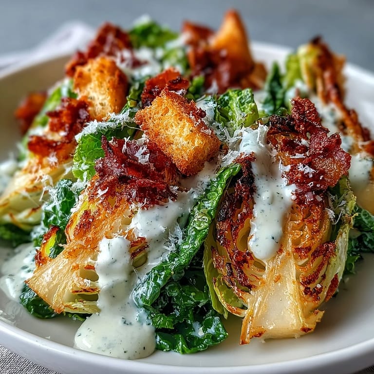 Vibrant Crispy Cabbage Caesar Salad featuring tender roasted cabbage, ready to serve.