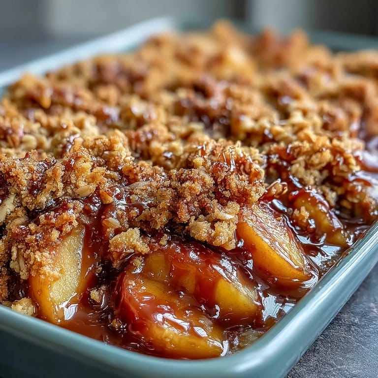 Warm Miso Caramel Peach Crisp, showcasing tender peaches and crunchy crumble.