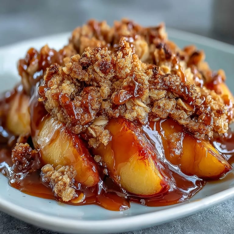 Sweet and savory Miso Caramel Peach Crisp, perfect for summer gatherings.