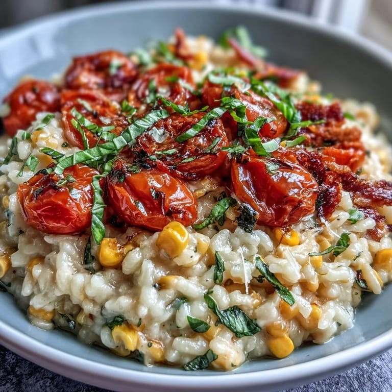 A comforting bowl of Summer Tomato Corn Risotto, garnished with fresh basil, ready to enjoy.