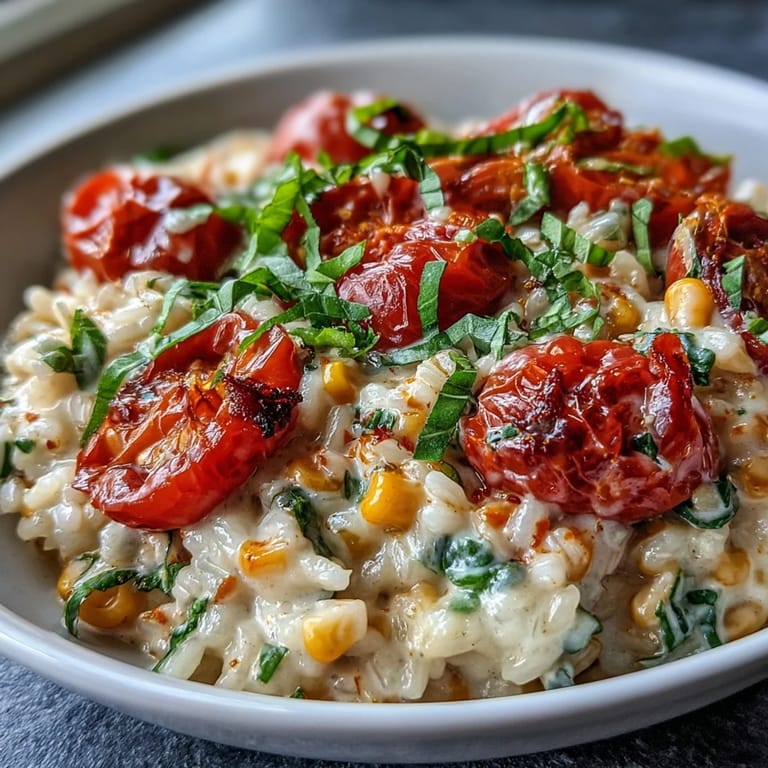 Golden Summer Tomato Corn Risotto, a rich, seasonal Italian dish served with melted Parmesan.