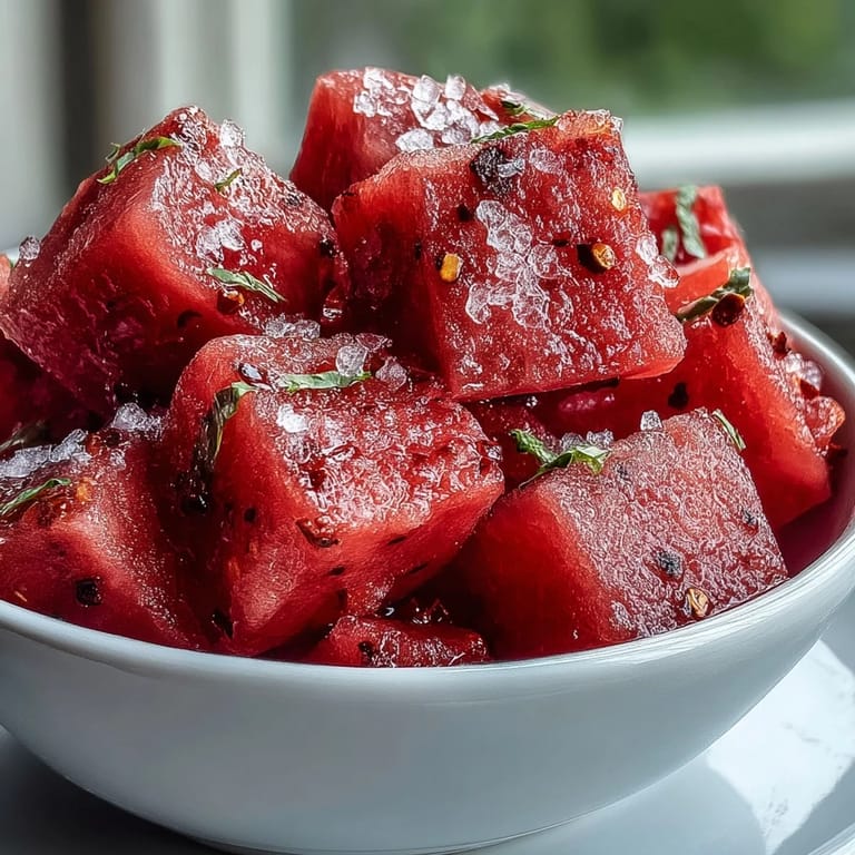 Refreshing Watermelon Tajín Sorbet, showcasing a bright pink hue and a tangy sprinkle topping.