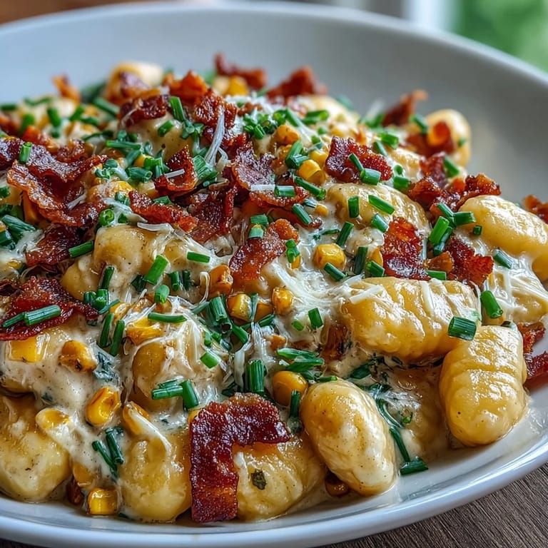 Cheesy gnocchi in a rich corn sauce, studded with savory bacon, ready to serve.