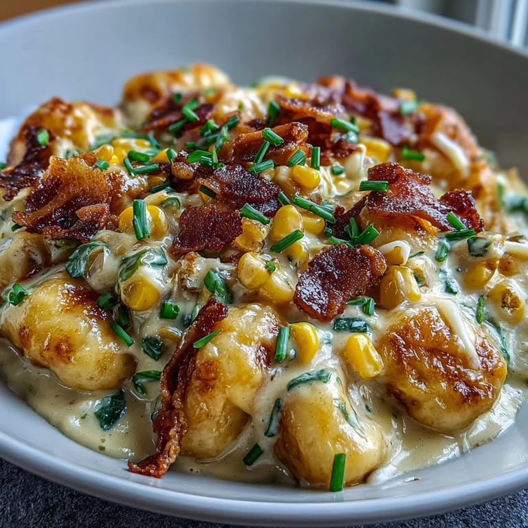 Golden gnocchi coated in luscious corn sauce, brimming with delicious bacon and garlic.
