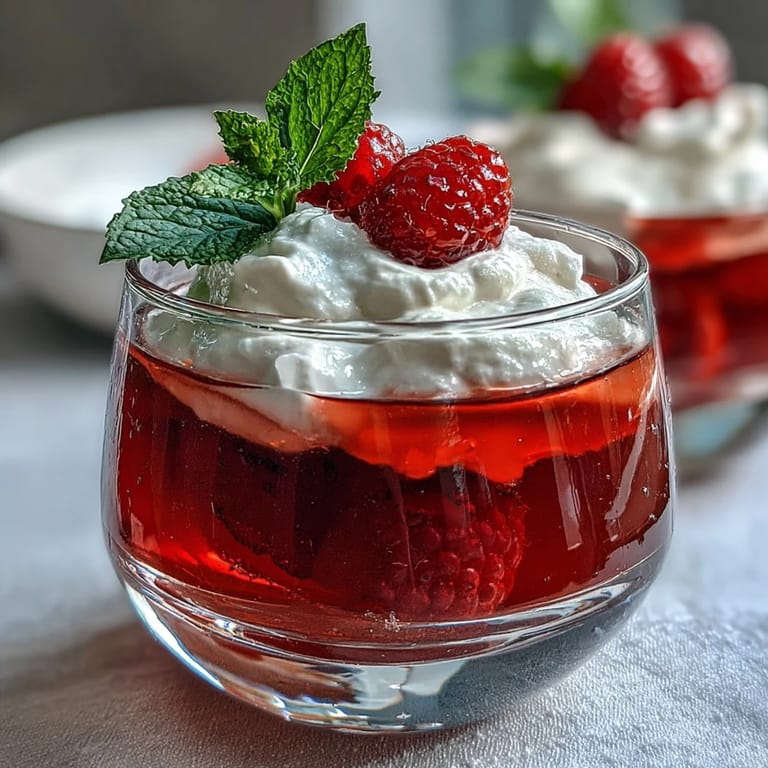 Elegant Raspberry Rose Jello Parfaits dessert on a white table, garnished artfully.