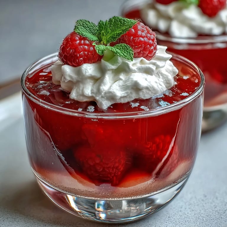 Showcases vibrant Raspberry Rose Jello Parfaits ready for a delightful indulgence.